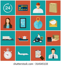 Set of flat color icons. Concept for delivery service.  Vector EPS10 illustration. 