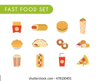 Set of flat color icons. Fast food: French fries, French hot dog, hamburger, soda, roll, chips, tacos, donuts, chicken nuggets, popcorn, hot dog, pizza.