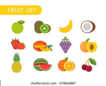Set of flat color icons. Fruits: Apple, kiwi, coconut, banana, strawberry, mango, grape, peach, pineapple, watermelon, orange, cherry.