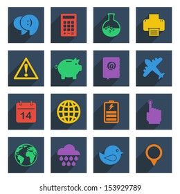 set of flat color icons with long shadows, isolated on white, set 3