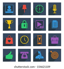 set of flat color icons with long shadows, isolated on white, set 4