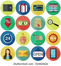 Set of flat color icons with long shadows.  Concept for online store. Vector EPS10 illustration. 