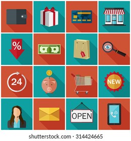 Set of flat color icons with long shadows.  Concept for online store. Vector EPS10 illustration. 