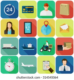Set of flat color icons with long shadows. Concept for delivery service.  Vector EPS10 illustration. 
