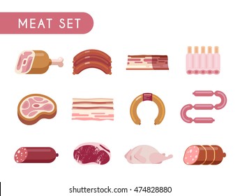 Set of flat color icons. Meat products: beef, lamb, pork, chicken, steaks, salami, sausage, spare ribs.