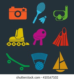 Set of flat color icons on a dark background. Beach rest, beach activities and sports.