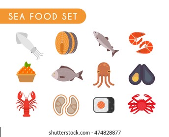 Set of flat color icons. Seafood: fish, shrimp, oysters, squid, octopus, crab, caviar, salmon, dorado.