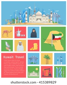 Set of flat color icons showing kuwait landmarks and culture vector illustration