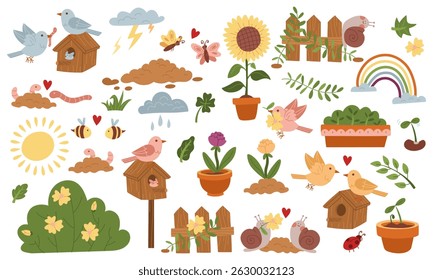 conjunto de ilustrações em cores planas sobre um tema de mola. Florescendo na primavera, dedicado à natureza, o amor aos animais. Bela ilustração. É usado em blogues de jardinagem, projetos ambientais, agricultura