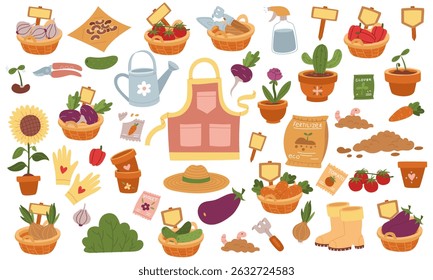 Conjunto de ilustrações em cores planas sobre um tema de mola. Plantando plantas dedicadas à natureza, crescimento desenvolvimento sustentável. É usado em blogues de jardinagem, projetos ambientais, artigos sobre agricultura
