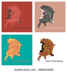 Set of Flat color map of the centre of St. Petersburg, Russia with main roads and railways. All objects are located on separate layers.