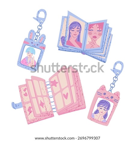 set of flat color photo cards, mini albums, and key fobs in the K-pop style. The Korean music industry. Stylish merchandise and accessories for fans, perfect for posters and digital art projects