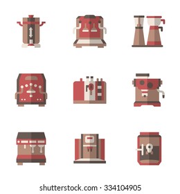 Set of flat color style simple vector icons for coffee equipment. Appliances for cafe, home or office. Elements of web design for site or mobile app.