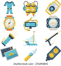 Set of flat color style vector icons for diving sport equipment and accessory on white background.