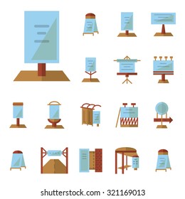 Set of flat color style vector icons for outdoors advertising structures. Billboards, bus station advert, road ad boards and other samples for business and web design.