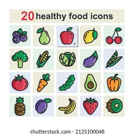 Set of flat color vector icons of healthy food