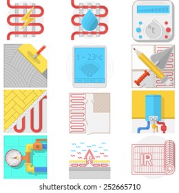 Set of flat color vector icons for heated floor service or store on white background. Set of flat color vector icons for heated floor service or store on white background.