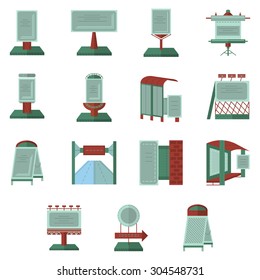 Set of flat color vector icons for outdoors advertisement elements. Advertisement boards, billboard, marketing frames and other objects for business or website