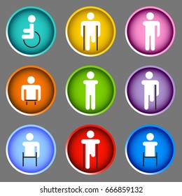 Set of flat color vector icons. Disabled people with limb amputations. Disabled figures. 