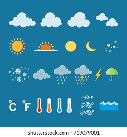 Set of flat color weather icons. Vector Illustration.
