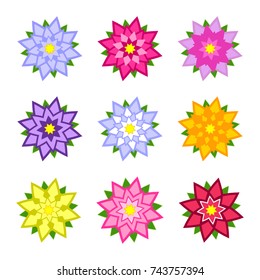 Set of flat colored abstract flowers isolated on white background. Simple design for decoration