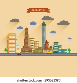 Set of flat colored buildings. Downtown isolated on sand background. Buildings icon.
