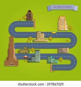 Set of flat colored buildings. Downtown isolated on green background. Buildings icon.