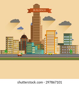Set of flat colored buildings. Downtown isolated on sand background. Buildings icon.