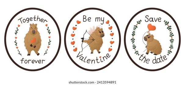 Set of flat colored capybaras stickers with handwriting text. St Valentines day typographic concept. Cute animal characters with floral frames. Isolated sticker with love lettering on white background