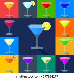 Set of flat colored cocktails in transparent glasses with shadow