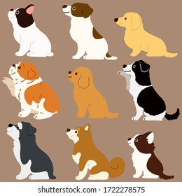 Set of flat colored cute dogs sitting in side view illustrations