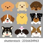 Set of flat colored cute and simple dog heads with front paws