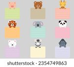 Set of flat colored cute and simple animals holding a rectangle note cards