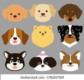 Set of flat colored cute and simple dog heads