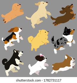 Set of flat colored cute and simple dog jumping and playing