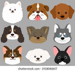 Set of flat colored cute and simple dog heads