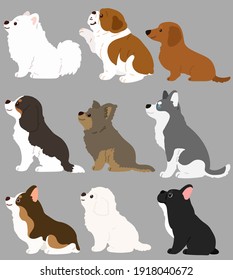 Set of flat colored cute and simple dogs sitting in side view