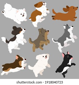 Set of flat colored cute and simple dogs jumping and playing