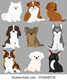 Set of flat colored cute and simple dogs sitting in front view