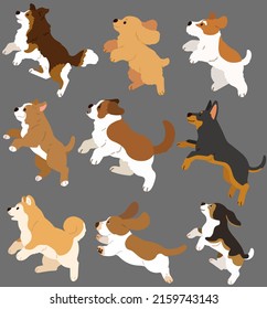 Set Of Flat Colored Cute And Simple Dogs Jumping In Side View (Shetland Sheepdog, English Cocker Spaniel, Fox Terrier, Pitbull, Saint Bernard, Doberman, Akita Dog, Basset Hound, Beagle)