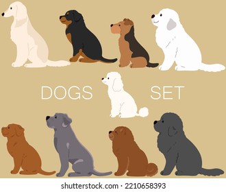 Set of flat colored cute and simple dogs (Afghan Hound, Rottweiler, Welsh Terrier, Great Pyrenees, Poodle, French Mastiff, Great Dane, Chow Chow, Newfoundland)