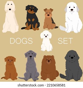 Set Of Flat Colored Cute And Simple Dogs (Afghan Hound, Rottweiler, Welsh Terrier, Great Pyrenees, Poodle, French Mastiff, Great Dane, Chow Chow, Newfoundland)