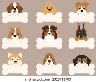 Set of flat colored cute and simple dog heads with front paws holding a bone