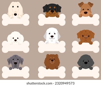 Set of flat colored cute and simple dogs (Afghan Hound, Rottweiler, Welsh Terrier, Great Pyrenees, Poodle, French Mastiff, Great Dane, Chow Chow, Newfoundland)