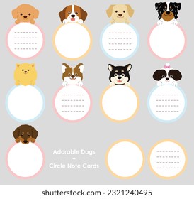 Set of flat colored cute and simple dog heads with front paws holding circle notes