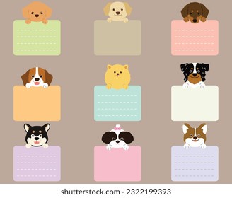 Set of flat colored cute and simple dog heads with front paws holding a note