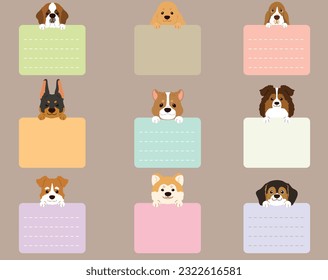 Set of flat colored cute and simple dog heads with front paws holding a note