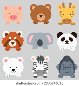 Set of flat colored cute and simple animal faces with front paws and hands or legs