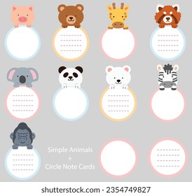 Set of flat colored cute and simple animals holding a circle note cards