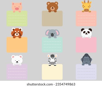 Set of flat colored cute and simple animals holding a rectangle note cards